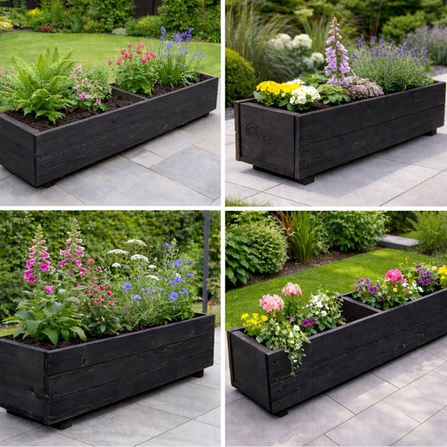 Black wooden planter troughs - black,